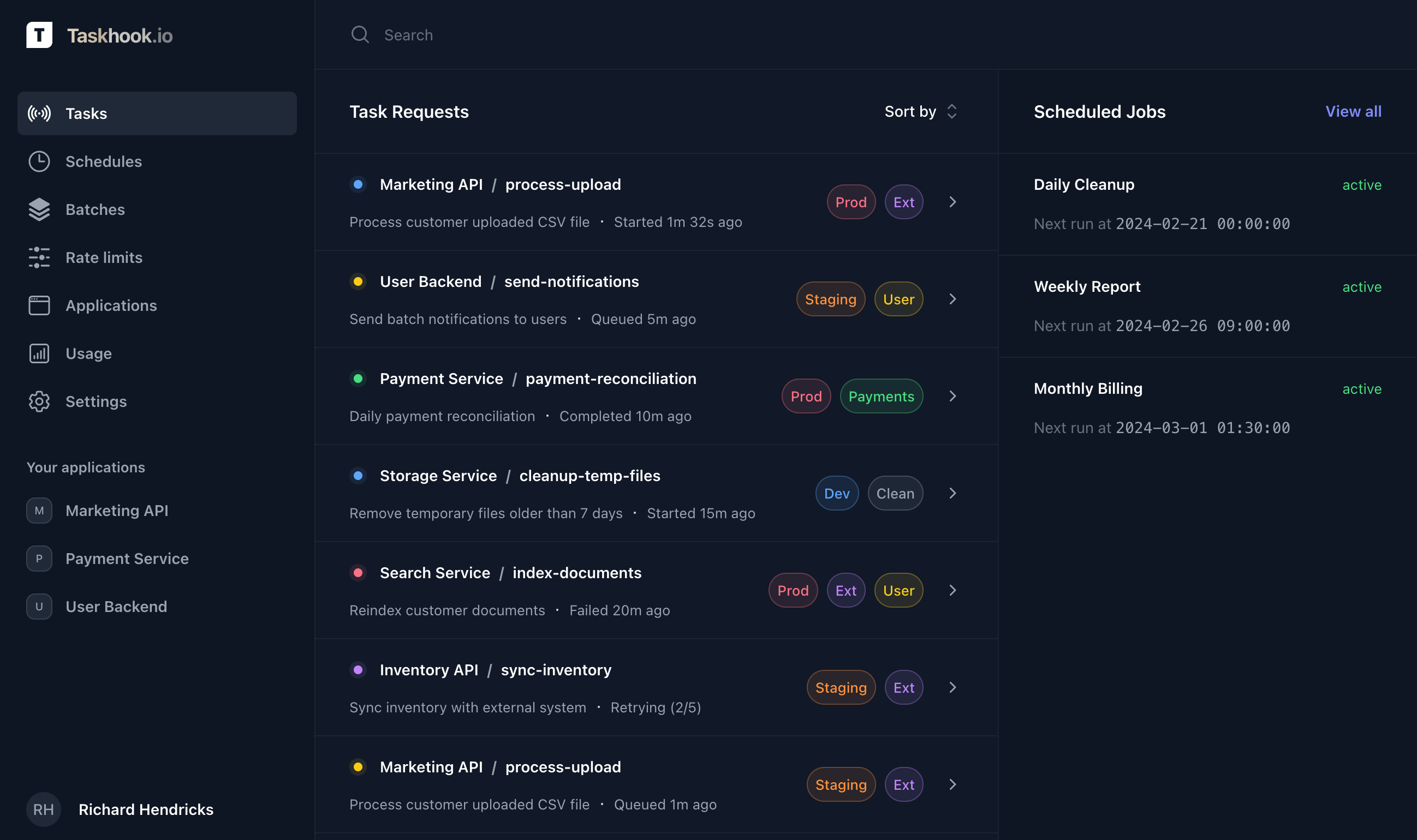 Taskhook dashboard screenshot